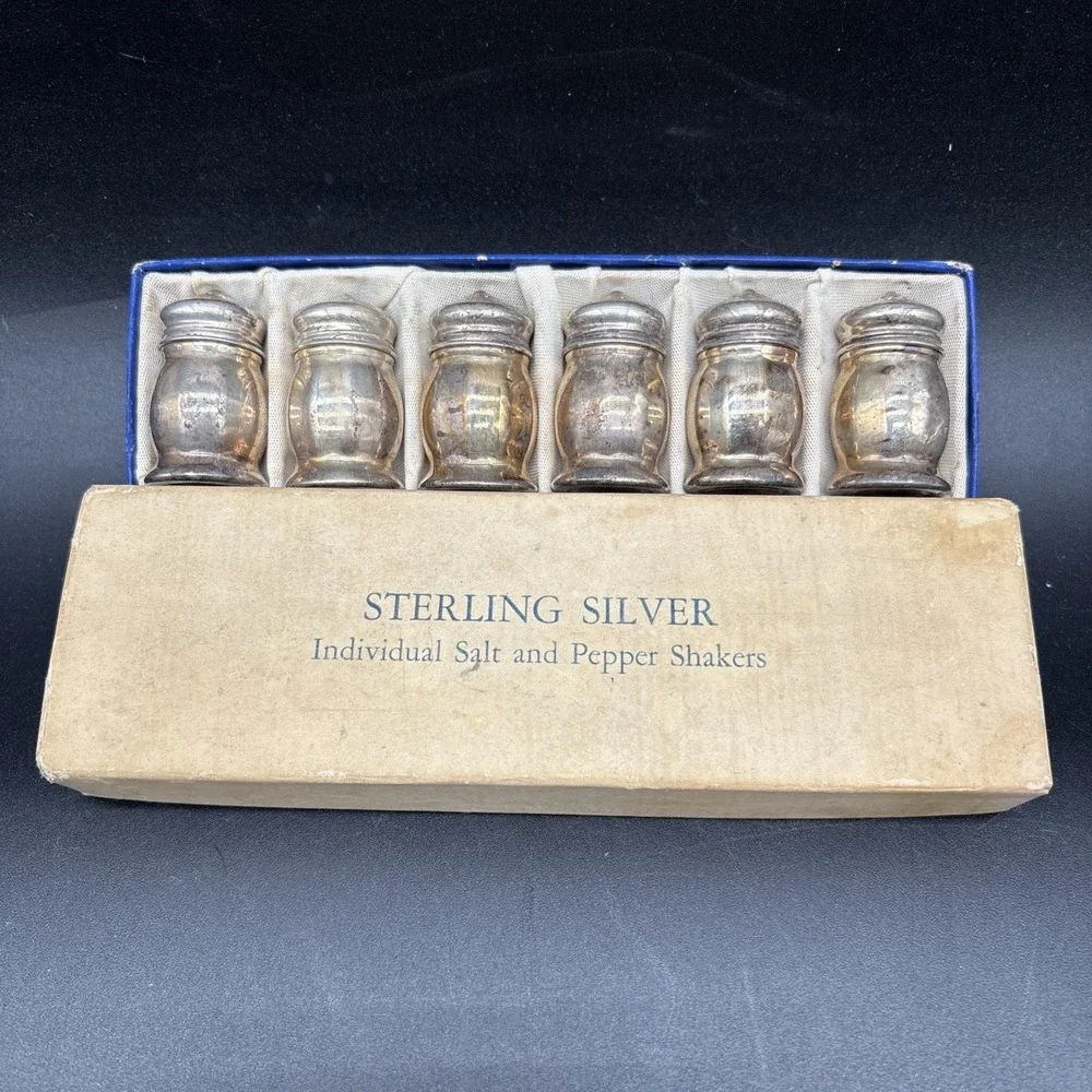 Sterling Silver 925 Set of 6 Individual Salt Pepper Shakers Vintage in Box 56 g‎